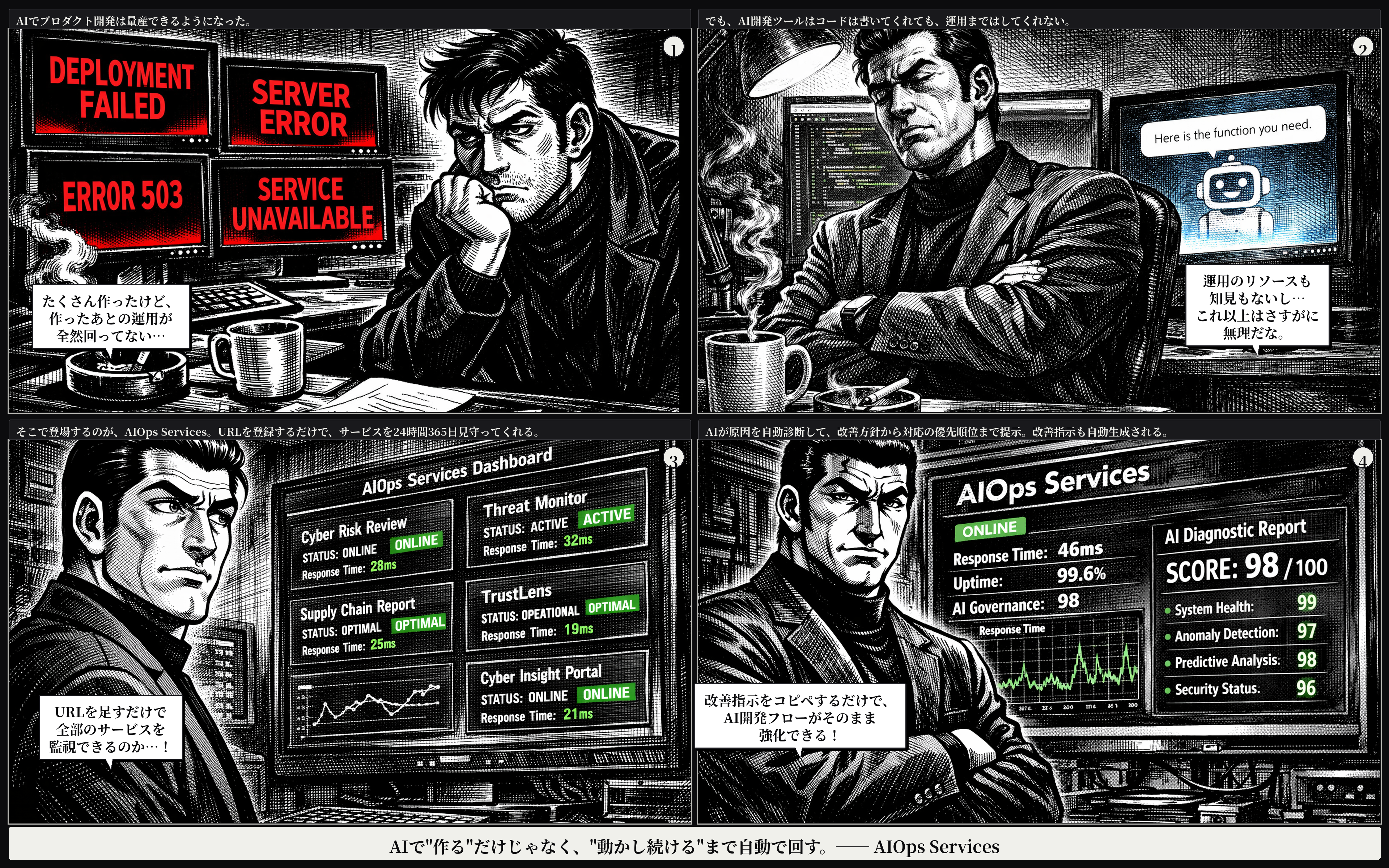 AIOps Servicesの運用フローを示すコミックイラスト
